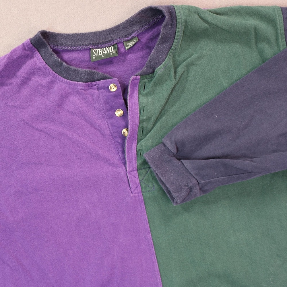VTG Stefano Shirt Men L Colorblock Purple Green Henley Long Sleeve Cotton USA